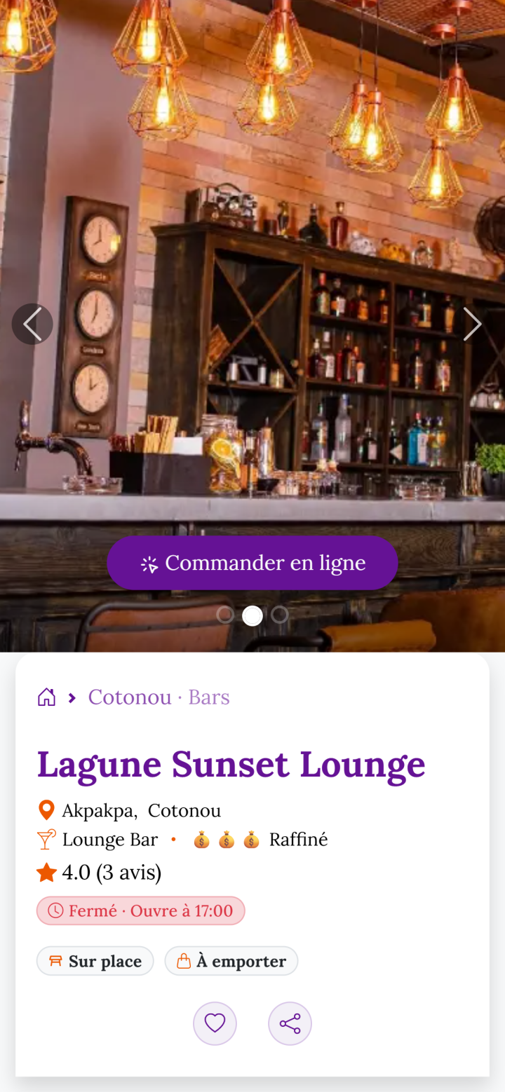 Fiche bar avec contacts, carte, avis et boutons d'action